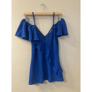 Gold Hawk Womens 100% Silk Off the Shoulder Ruffled Strappy Blouse Blue Size XS